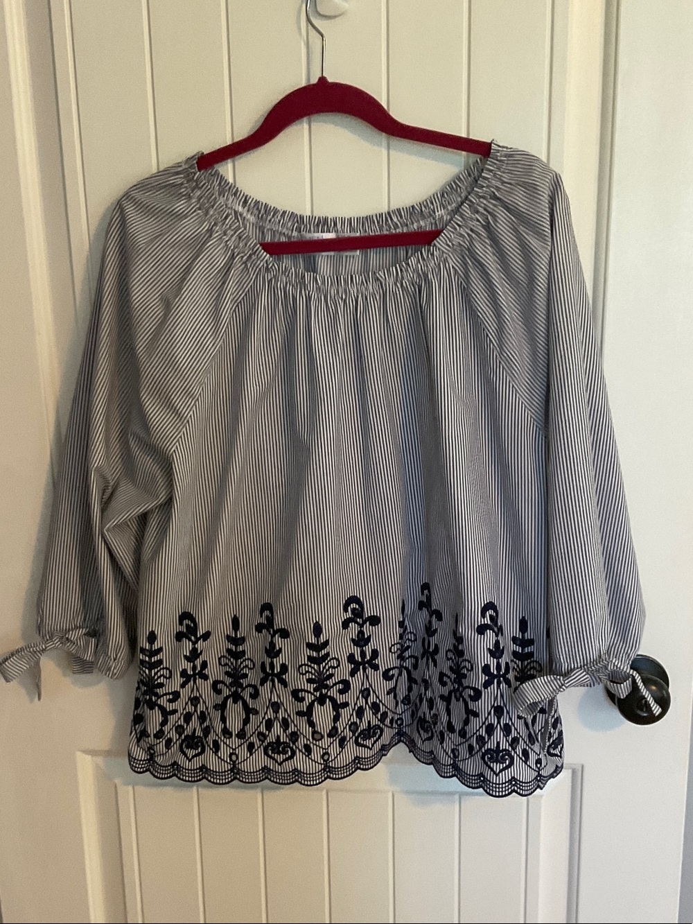 Time and Tru Navy and White Striped Off-Shoulder Blouse with Embroidered Hem